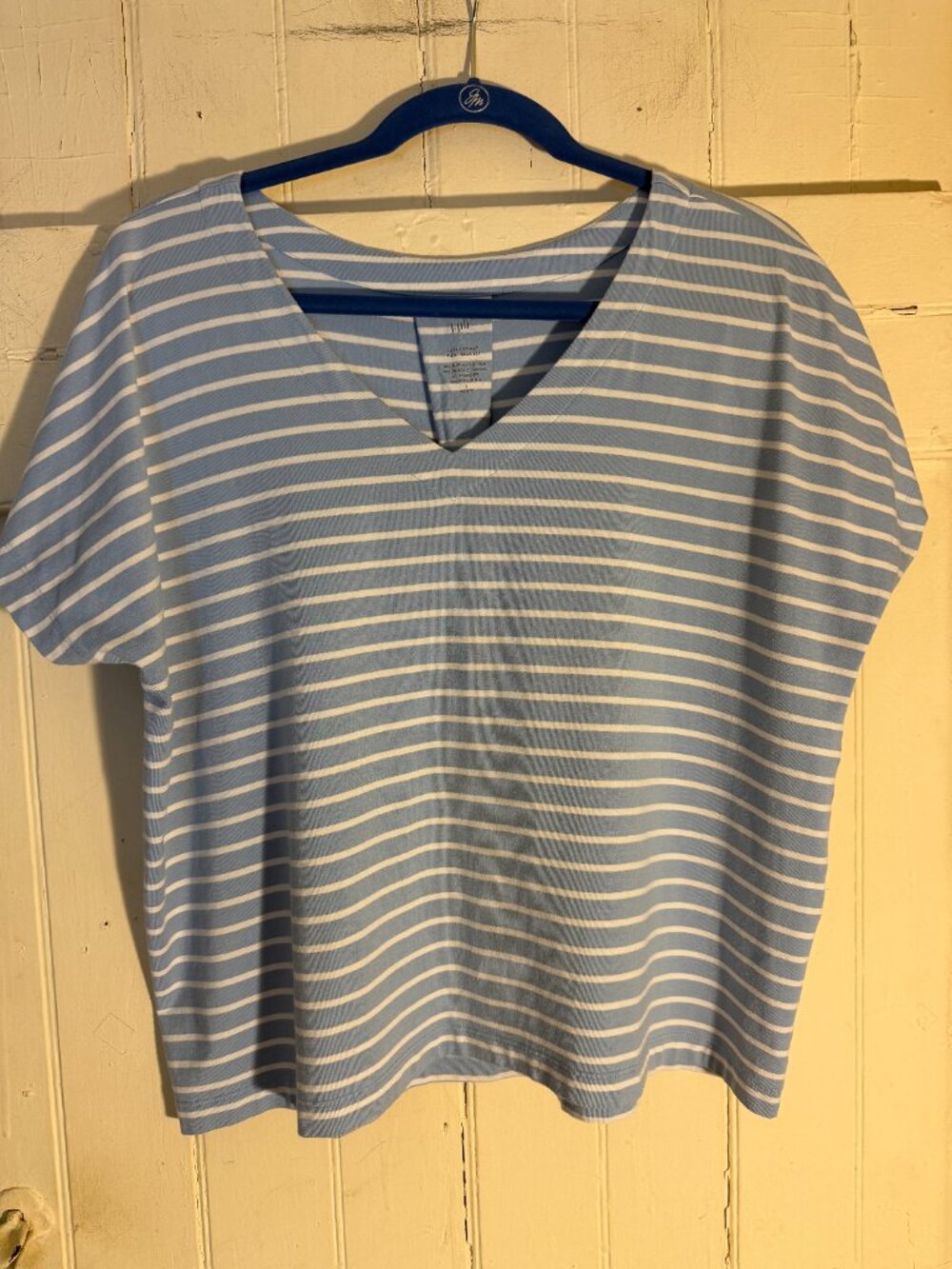 J. Jill Light Blue & White Stripe Supima Cotton Pleat Back V Neck Tee Sz L